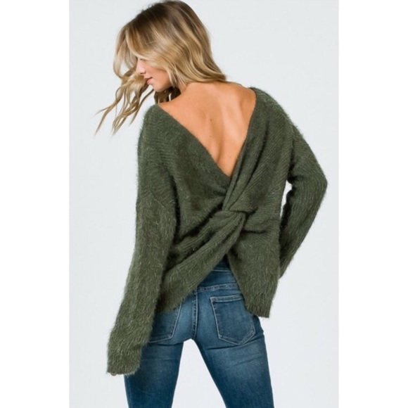 •LAST 1• Olive Fuzzy Knot Twist Back Sweater - Picture 3 of 5